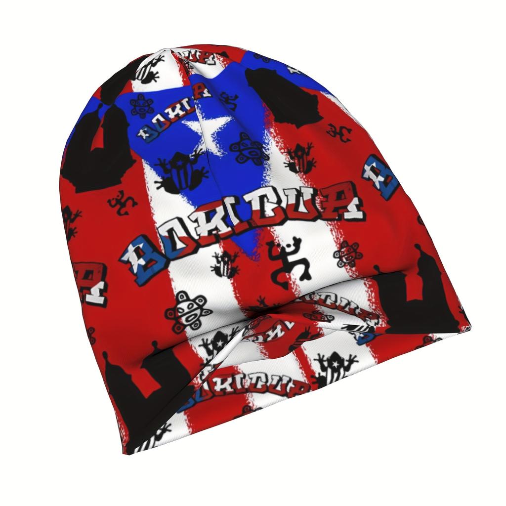 Biihudu Puerto Rico Pride Beanie Hat For Men - Funky Knit Cap With American Flag & Puerto Rican Flag Design, Black & White, Poly