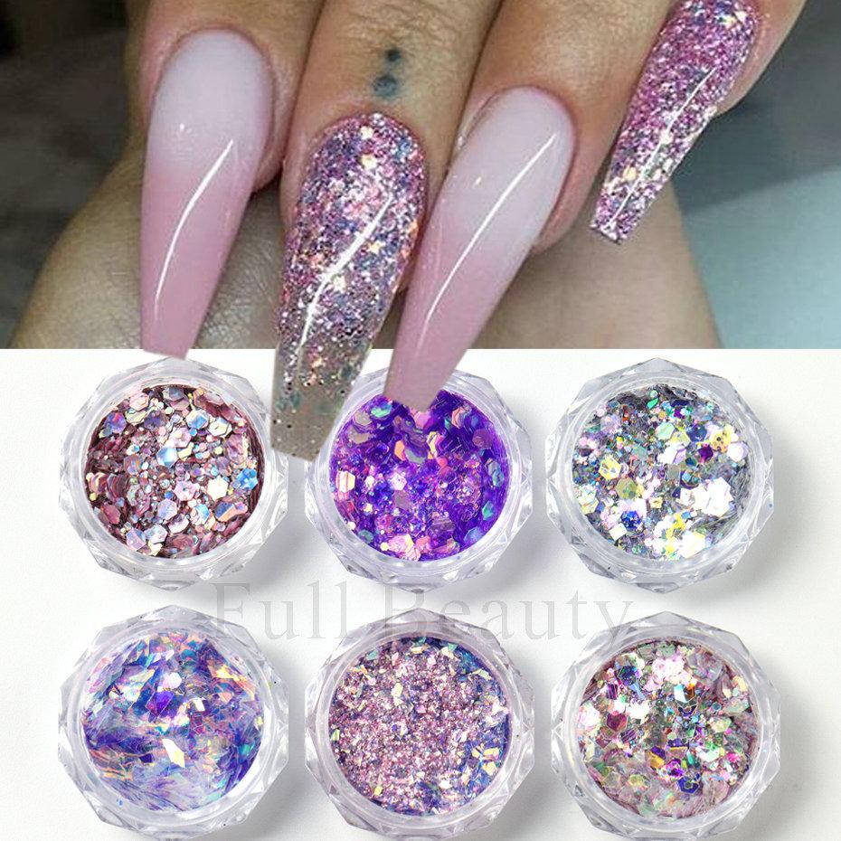 Nail Glitter, Lavender Purple Aurora Opal Sequin Glitter 6-Color Set Nail Glitter