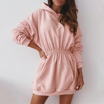 Lady Dress Solid Color Hooded Elastic Waist All Match Spring Dress for Daily Wear