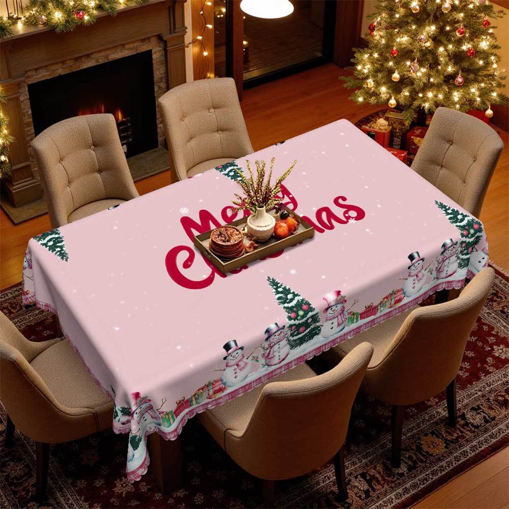 Christmas Tablecloth, Snowman Christmas Tree Gift Pink Dream Warm Merry Christmas Table Decoration