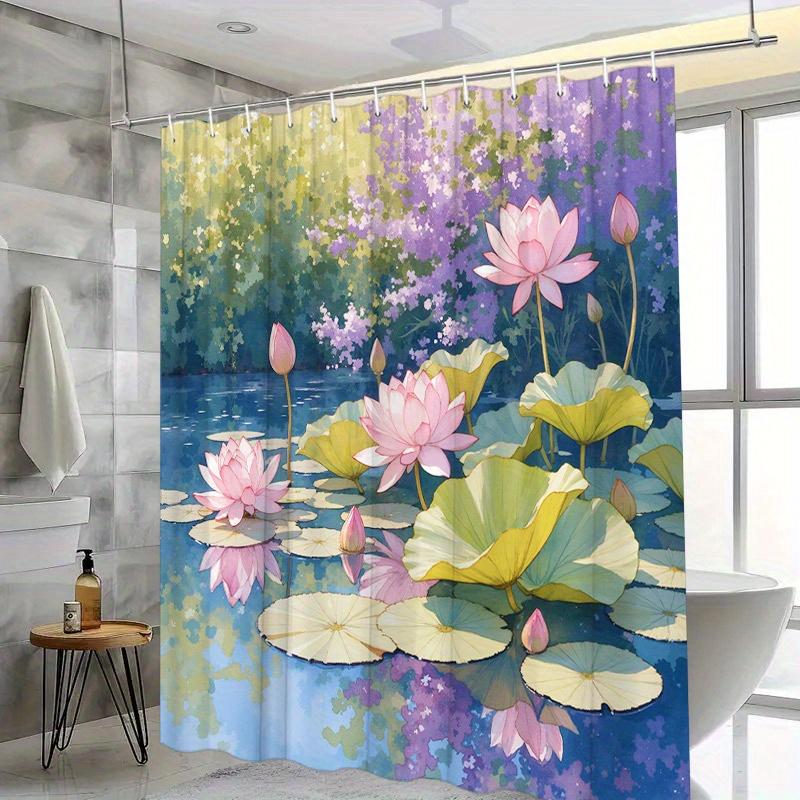 1pc Tranquil Garden Pond Shower Curtain - Pink & Purple Lotus, Impressionistic Design, Polyester, 70.8x70.8In, 12 Hooks