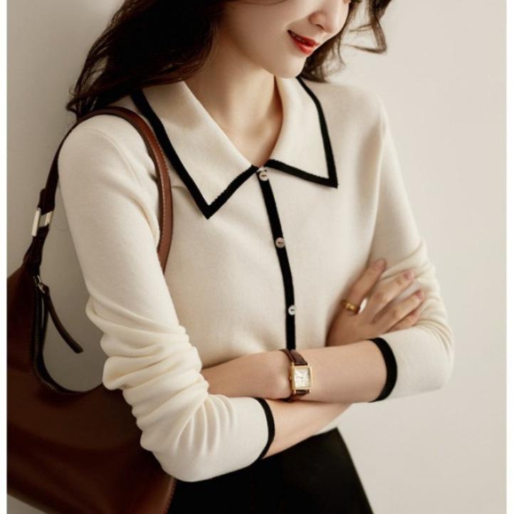 

Вязаный свитер с воротником-поло, контрастный цвет, базовый топ, женские пуловеры и свитера с длинными рукавами one size белый