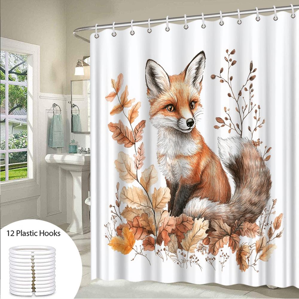 1pc Autumn Fox Shower Curtain - Cute Fox in Fall Leaves Nature Theme, 70.8x70.8 Inch, Polyester, Machine Washable, with 12 Hooks