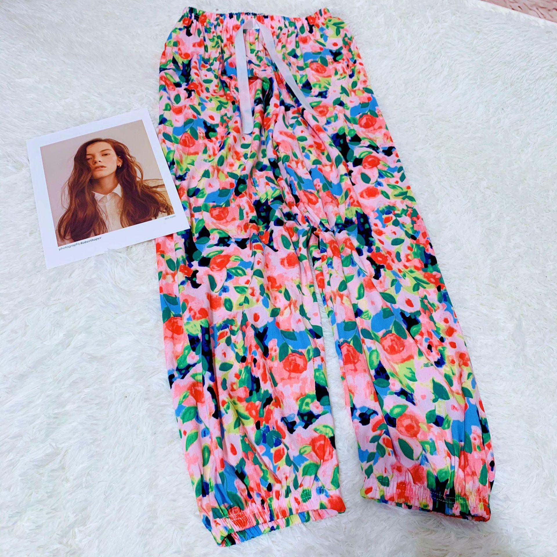 Damen Sommer Baumwolle Seide Anti-Mücken Lose Strand Pumphose Pyjama Hose One Size blue