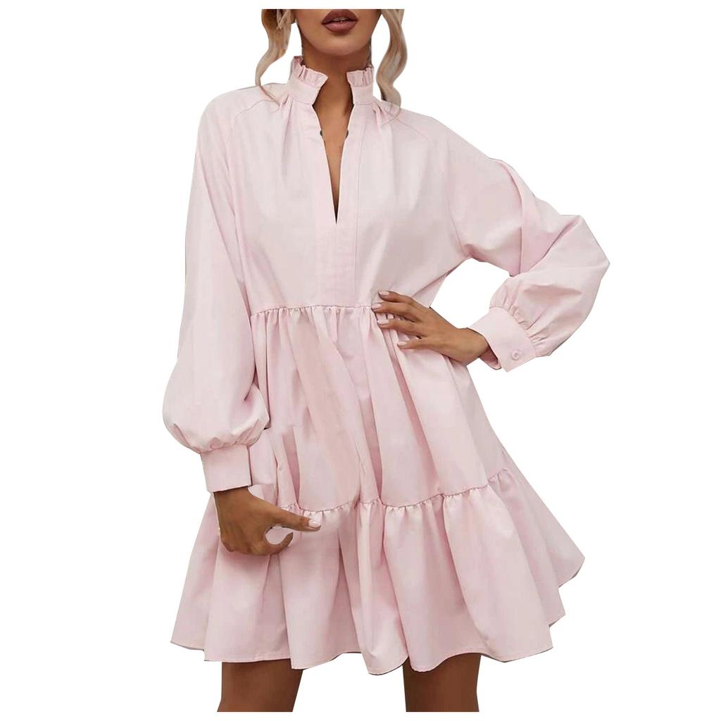 ქალის ყოველდღიური, მოდური, ერთფეროვანი, V-ყელიანი, გრძელმკლავიანი, ფრიალა ნაკერით, დიდი, A-ხაზის კაბა