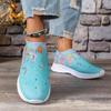 Women's Rhinestone Decor Slip On Sneakers with Floral & Butterfly Print - Breathable Knit Running Shoes