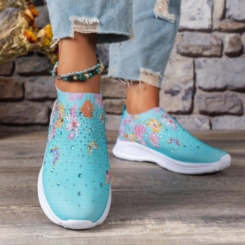 Women's Rhinestone Decor Slip On Sneakers with Floral & Butterfly Print - Breathable Knit Running Shoes