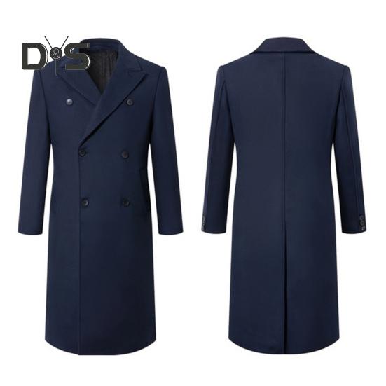 Men Windbreaker Suit Collar Long Sleeve Double-Breasted Thickened Woolen Coat Solid Color Pockets Design Mid-length Outwear