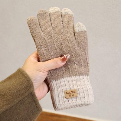 Camel Wool Knitted Gloves Women's Autumn and Winter Warm Outdoor Antifreeze Full Finger Gloves Piled and Thickened