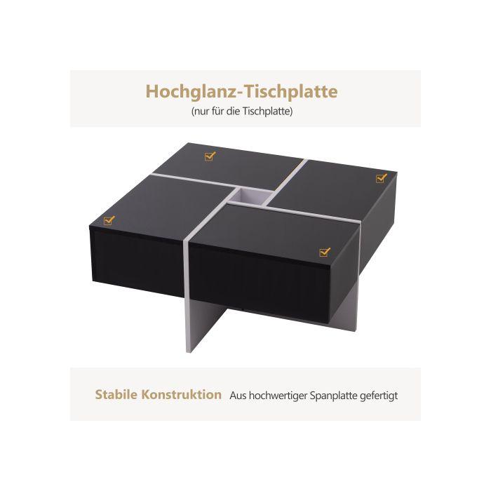 Table Basse Élégante Et Brillante 70*70*35 Cm, Design Noir Et Blanc, Compartiment De Rangement Intégré Et 4 Tiroirs Robustes