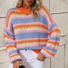 IHUASU Women's Autumn Winter Patchwork Knit Loose Intercolour O-Neck Striped Sweater