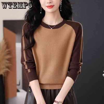 Mom's Color Blocked Knitted Women's Loose and Fashionable New Style Base Round Neck Sweater for Women