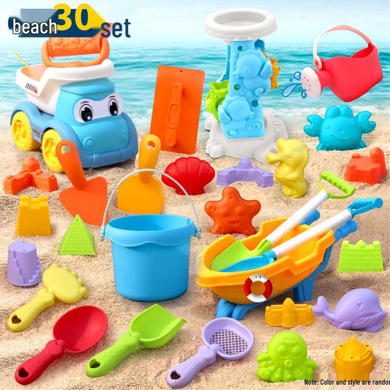 Complete Beach Toy Set: Includes Shovel, Wheelbarrow, Bucket, and Water Toys for Kids' Sand Play at the Seaside.
