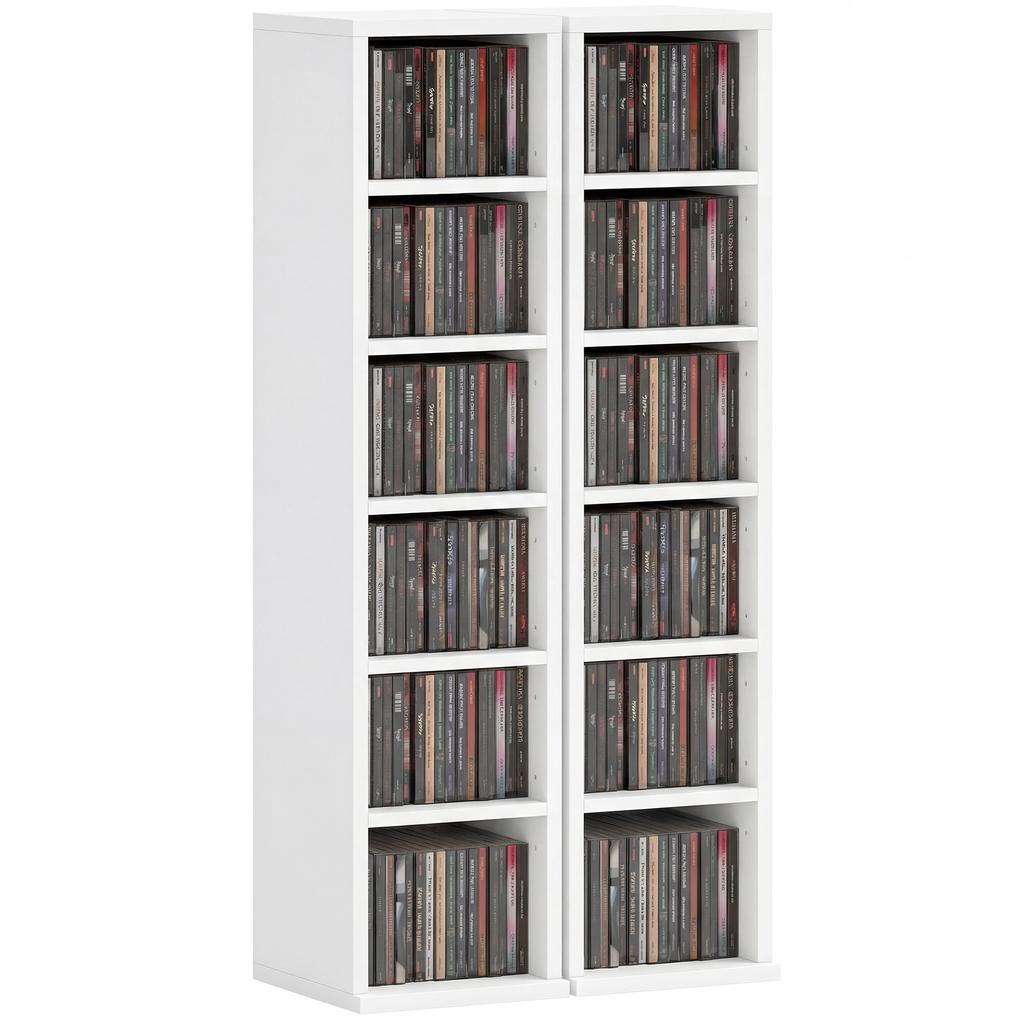204 CD Storage Racks Set of 2, Blu-Ray Tower Stand with Adjustable Shelves, Bookshelf Organizer, White