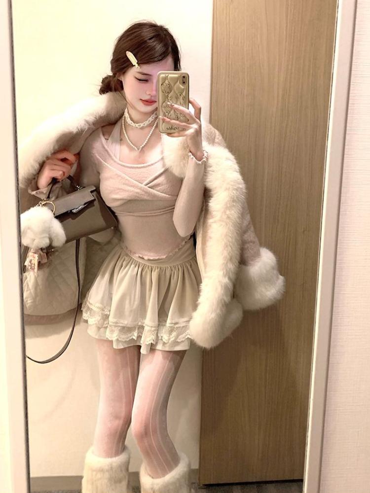 Janpanese Kawaii słodki 2-częściowy zestaw kobieta głęboki dekolt krzyżowe bluzki z dzianiny Mini spódniczka z ciastem kobieta koreański Fashion Design garnitur casual 2024 nowość