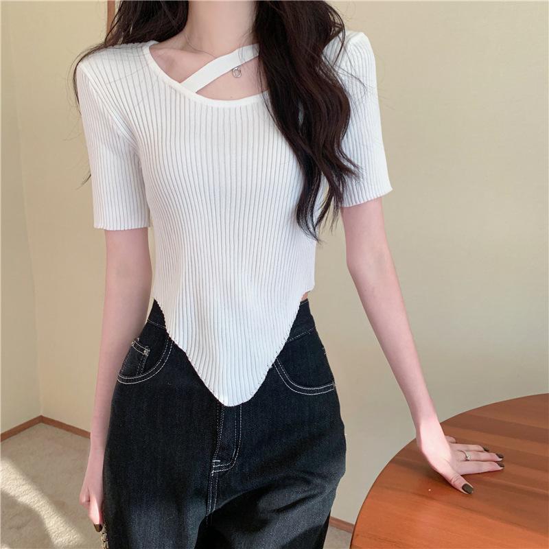 Design Sense Irregular Exposed Collarbone Versatile Chic Short Section Knit Short-sleeved Tops Casual Essential Comfort Style Slim Fit Pullovers Tees