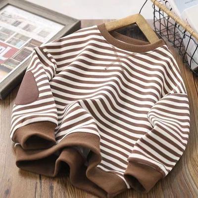 Suéter de punto de estilo universitario a rayas para niños de otoño e invierno, con cuello redondo, manga larga gruesa de felpa, top para niños y niñas