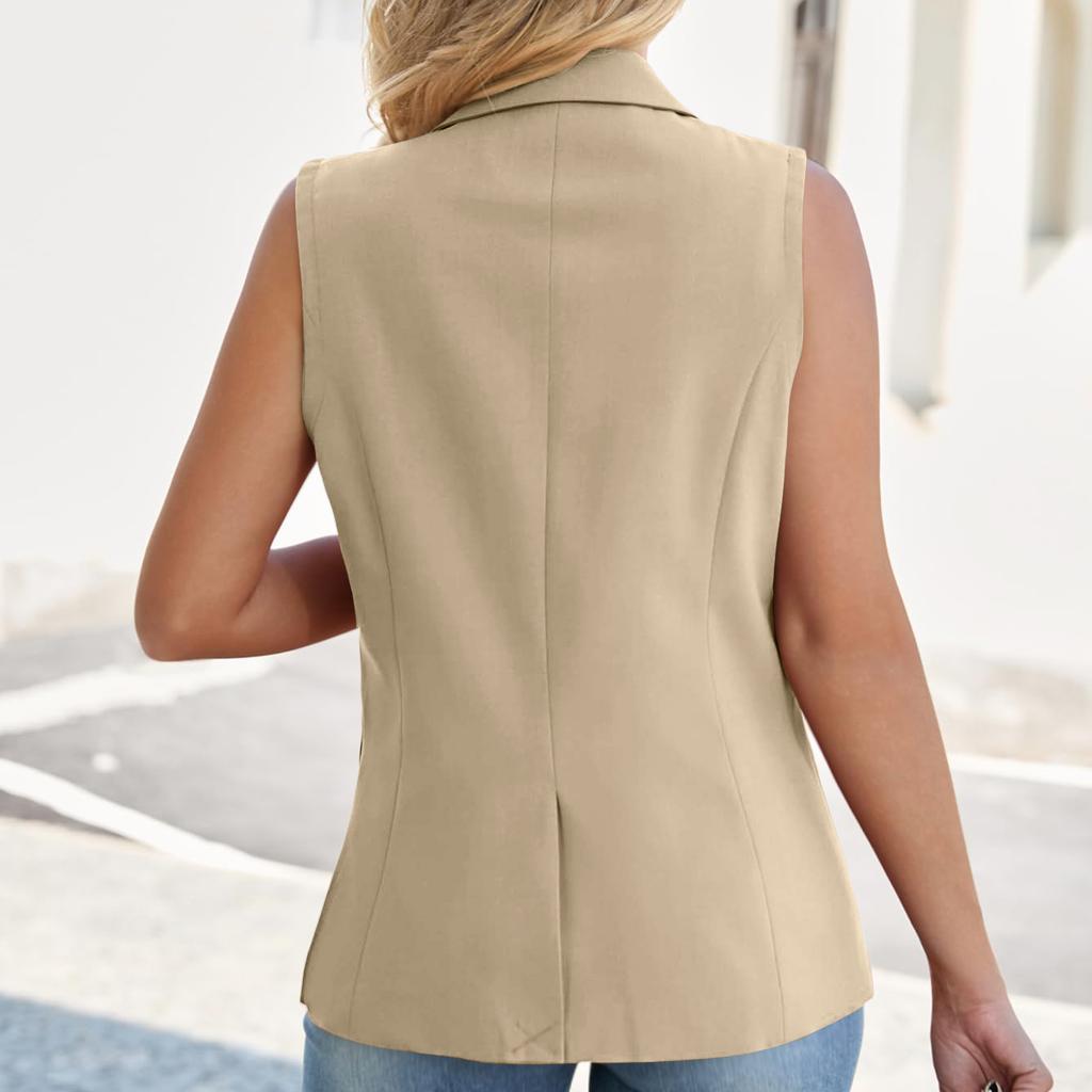 Γυναικείο Business Casual Αεριζόμενο Αμάνικο Γιλέκο-Μπλέιζερ Μονόχρωμο με Πιέτα και Ανοιχτό Μπροστινό Μέρος Κατάλληλο για Γραφείο και Καθημερινή Χρήση