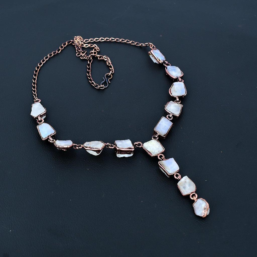 Rough Moonstone Handmade Gemstone Necklace, Copper Electroformed Necklace Antique Jewelry, Adjustable Chain Necklace Engagement Gift