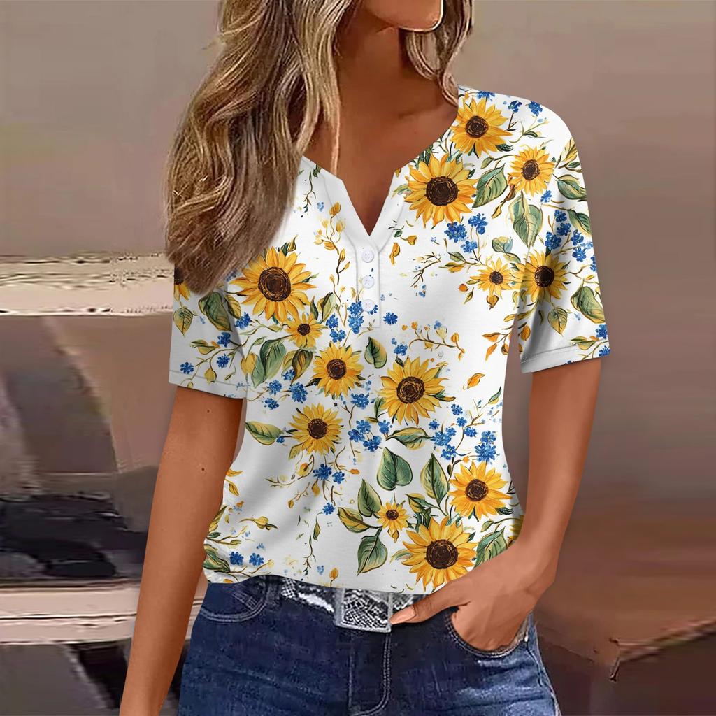 Women's T Shirt Tee Print Button Short Sleeve Daily Weekend Fashion Basic V- Neck Regular Top