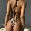 Damen Sexy Leopardenmuster Bikini mit Brustpolstern - Dreiteiliges Neckholder-Schnür-Dessous-Set