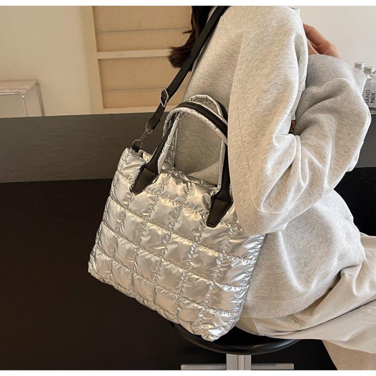 Internet Celebrity Cotton Quilted Padded Women's Handbags Nylon Solid Color Grid Female Shoulder Crossbody Bags Large Capacity Ladies Tote Bag Satchel