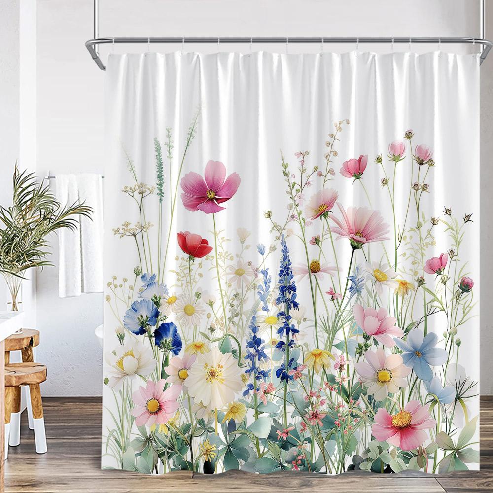 Floral Print Shower Curtains Watercolor Wildflowers Green Leaves Birds Butterfly Bathroom Decorations Polyester Bath Curtains