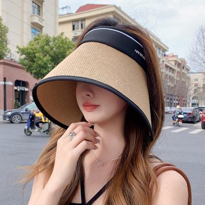 Foldable Wide Brim Bucket Hat Bow Hollow Straw Hat Fashion Woven Empty Top Cap  Summer