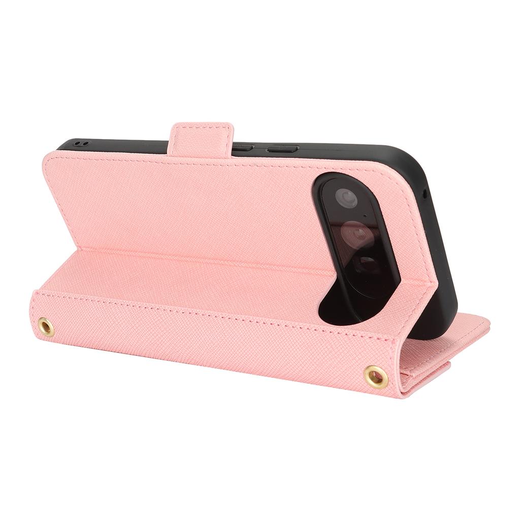 For Google Pixel 9 Pro XL Stand Case Cross Texture PU Leather Wallet Phone Cover with Shoulder Strap/Makeup Mirror