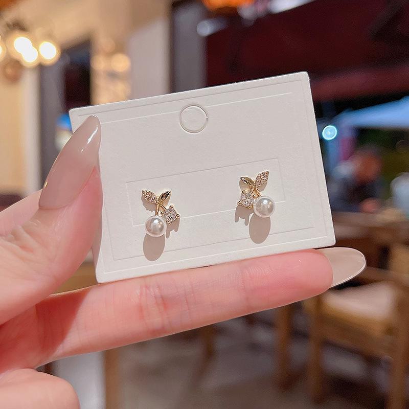 S925 Silver Micro-Inlaid Zircon Leaf & Mini Pearl Korean Earrings