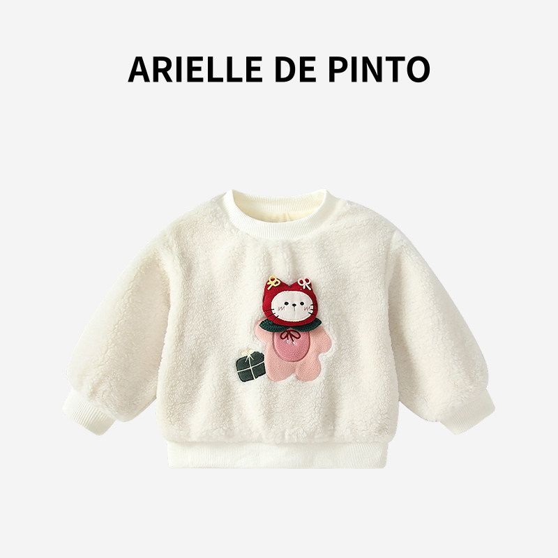 French Arielle De Pinto Girls  Sweatshirt Winter Style Cartoon Fleece Sweatshirt Korean Style Fashionable and Cute Sweater Beige 110
