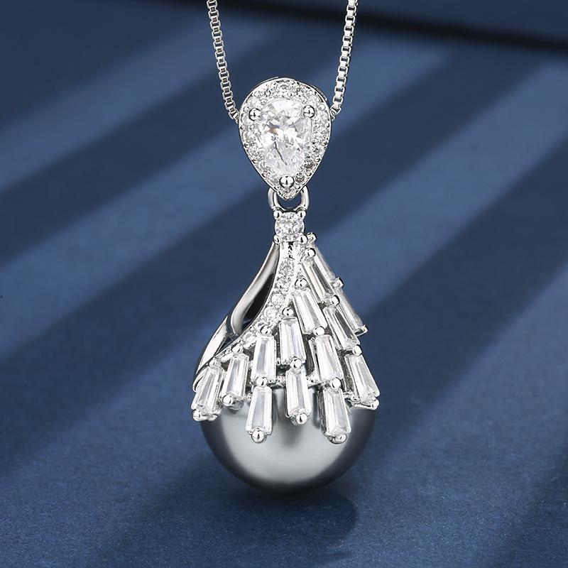 Huabi Jewelry Copper Bottom Gold Plated Inlaid Grey Pearl Premium Set Women 16-14M