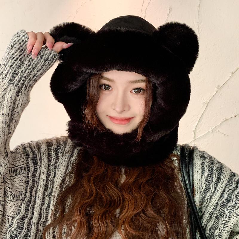 2-in-1 Hat and Scarf, Ear Scarf Hat Beanie, Cute Ear Plush Hat Scarf Combo, Integrated Ear Protection Windproof Cap Scarf for Women