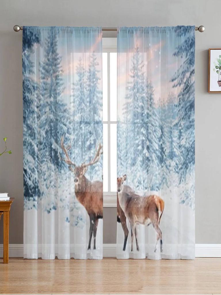 Christmas Elk Curtain Cartoon Xmas Forest Tree Deer Winter Snowflake Semi Living Room Voile Window Treatment Light Filtering Polyester Ideal For Great