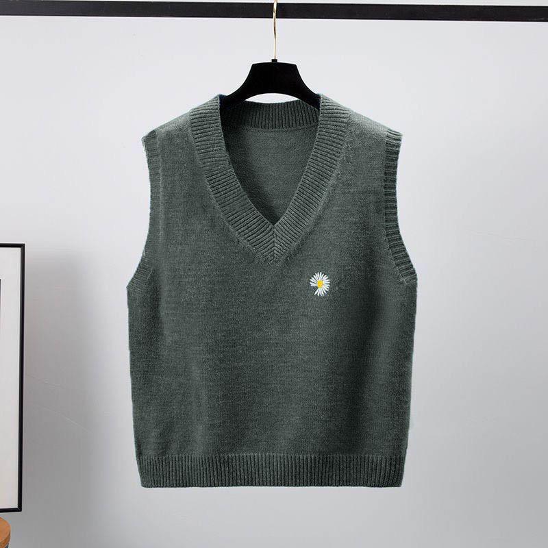Jacquard Embroidered V-neck Knitted Contrast Ins Tank Top Student Women's Vest Sleeveless Sweater Pullover