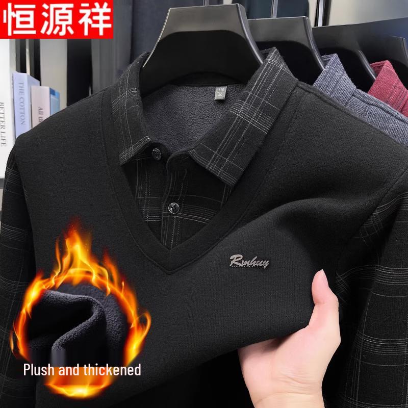 Hengyuanxiang Men's Faux Two-Piece Fleece-Lined Polo Shirt