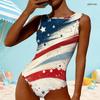 Women Plus Size High Round Neck Sleeveless One Piece Swimsuit Firework Printed Navy Blue