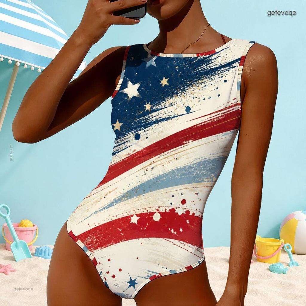 Women Plus Size High Round Neck Sleeveless One Piece Swimsuit Firework Printed Navy Blue