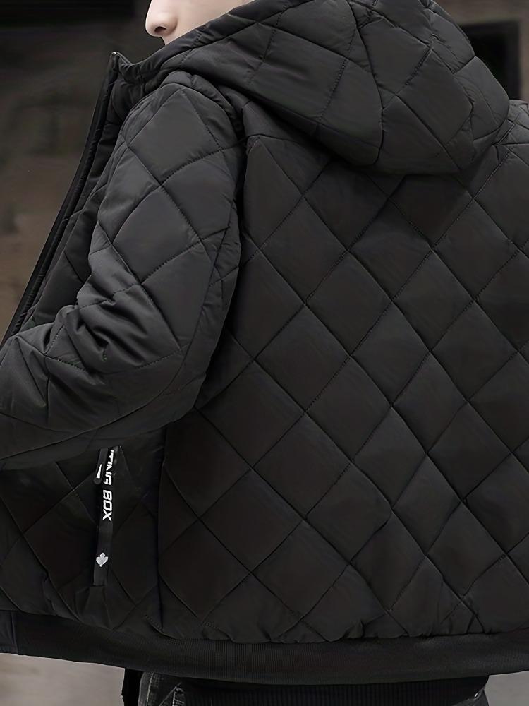 Men's Warm Quilted Hooded Jacket, Plush Winter Zip-Up Outerwear for Fall/Winter Outdoor Activities