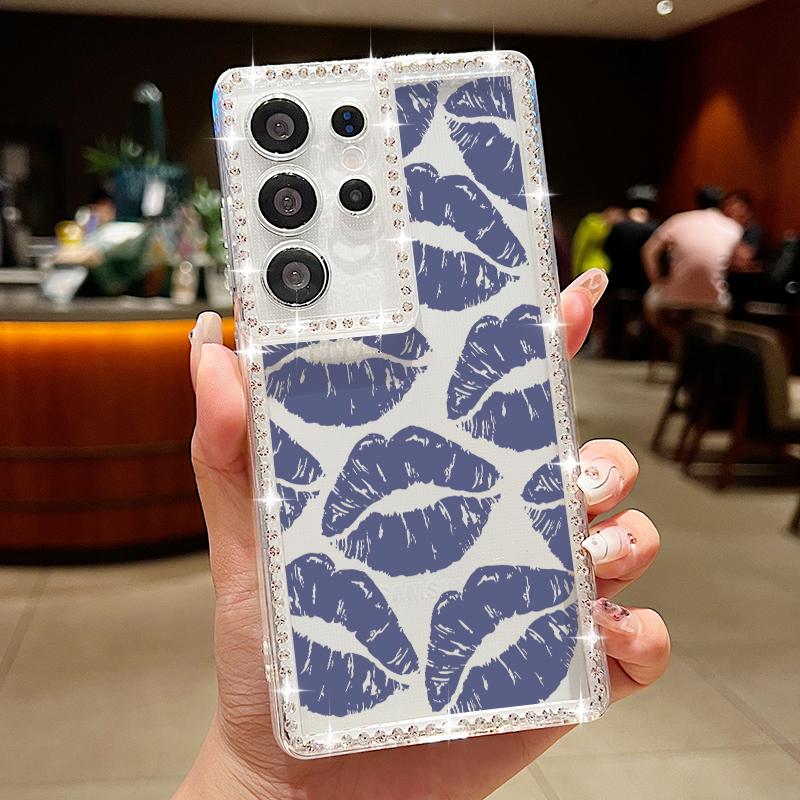 Diamond Frame Lips Print Soft Silicone Case For Samsung S25 Edge S24 FE S23 Ultra S22 A16 A56 A36 A15 A55 A35 Clear Shockproof Phone Cover