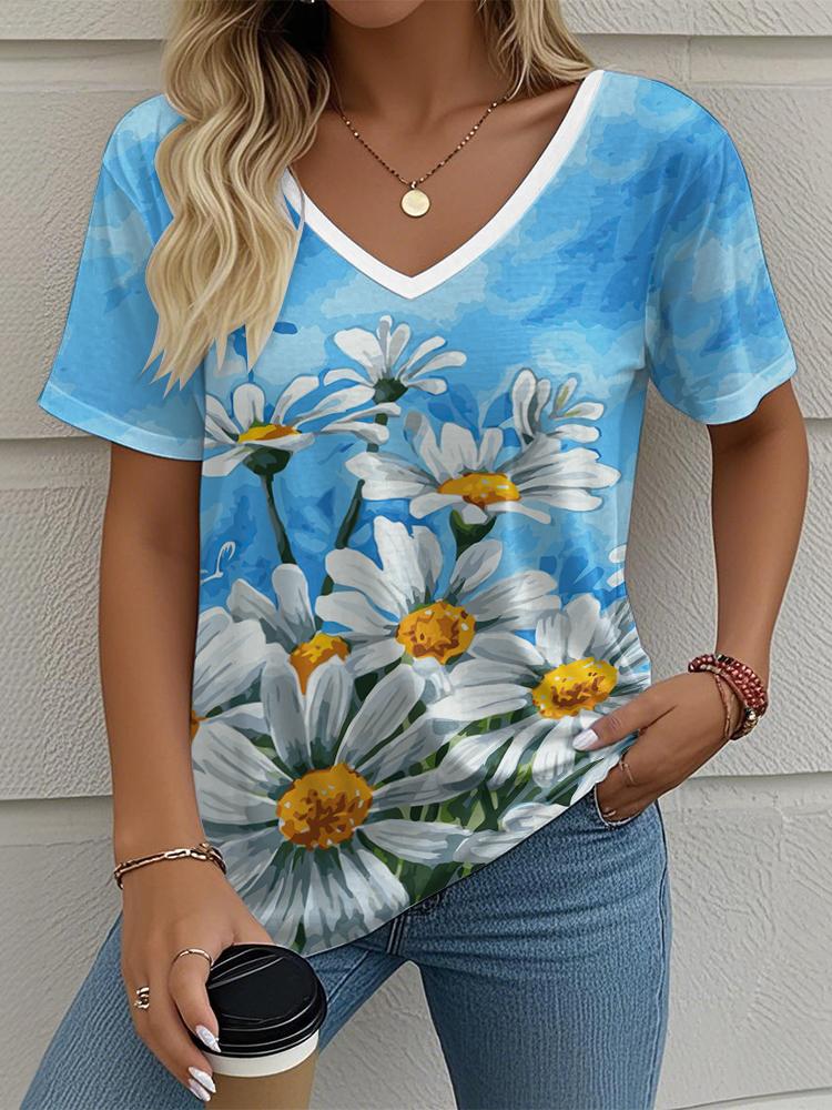 

Элегантная женская футболка с цветочным принтом, повседневный топ с круглым вырезом и коротким рукавом, уличная мода, футболки, одежда оверсайз 5XL