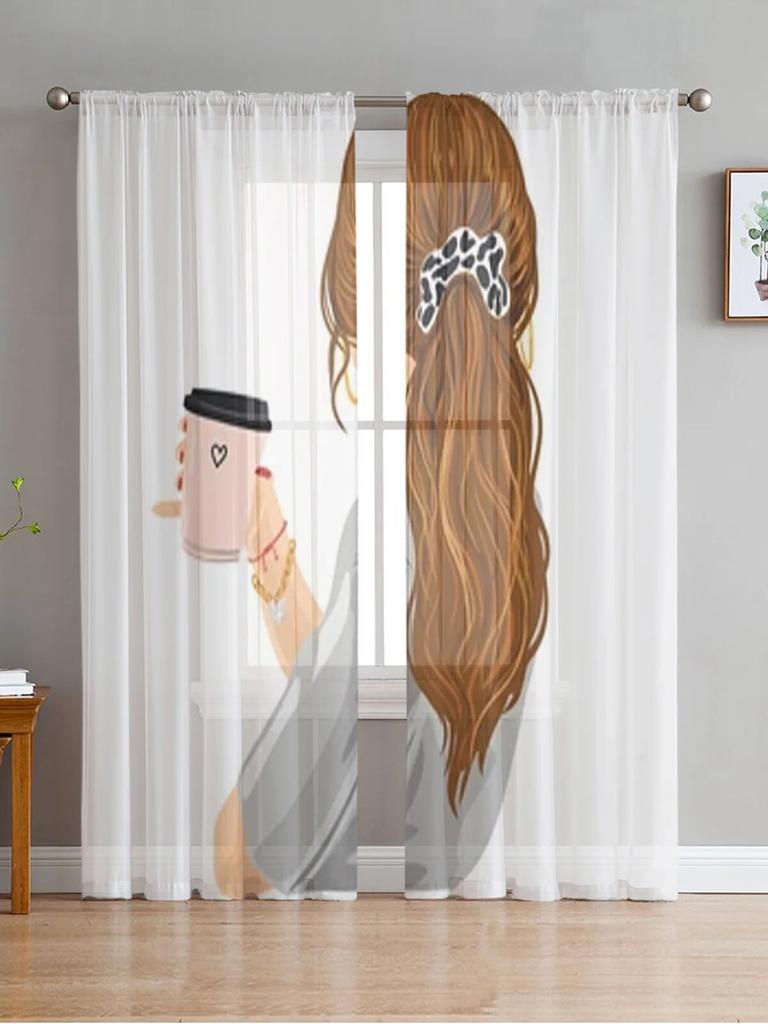 Krásná žena průsvitné závěsy do obývacího pokoje Dětská ložnice Tylové závěsy Závěsy pro ošetření oken v kuchyni