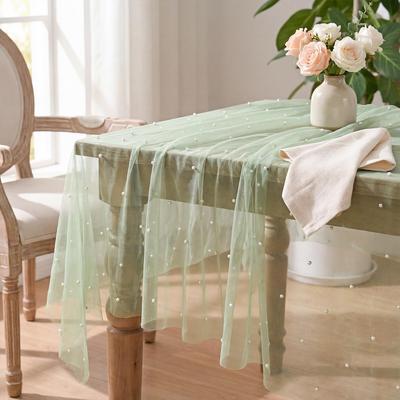 Light Green Table Runner Fabric Tulle Lace Tablecloth Rectangular Table Cover Bridal Veil for Christmas Wedding Birthday Party