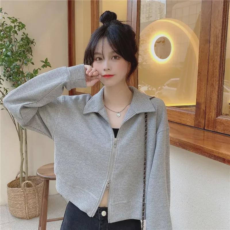 Women's Waffle Polo Collar Slim Fit Double Zipper Jacket - Long Sleeve, Spring/Autumn.