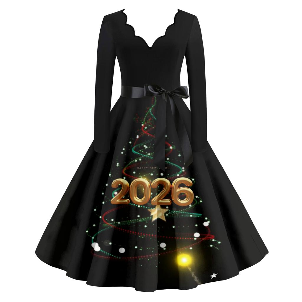 Γυναικείο Casual Μόδα Πρωτοχρονιάτικο Φόρεμα με V Λαιμόκοψη και Vintage Εκτύπωση