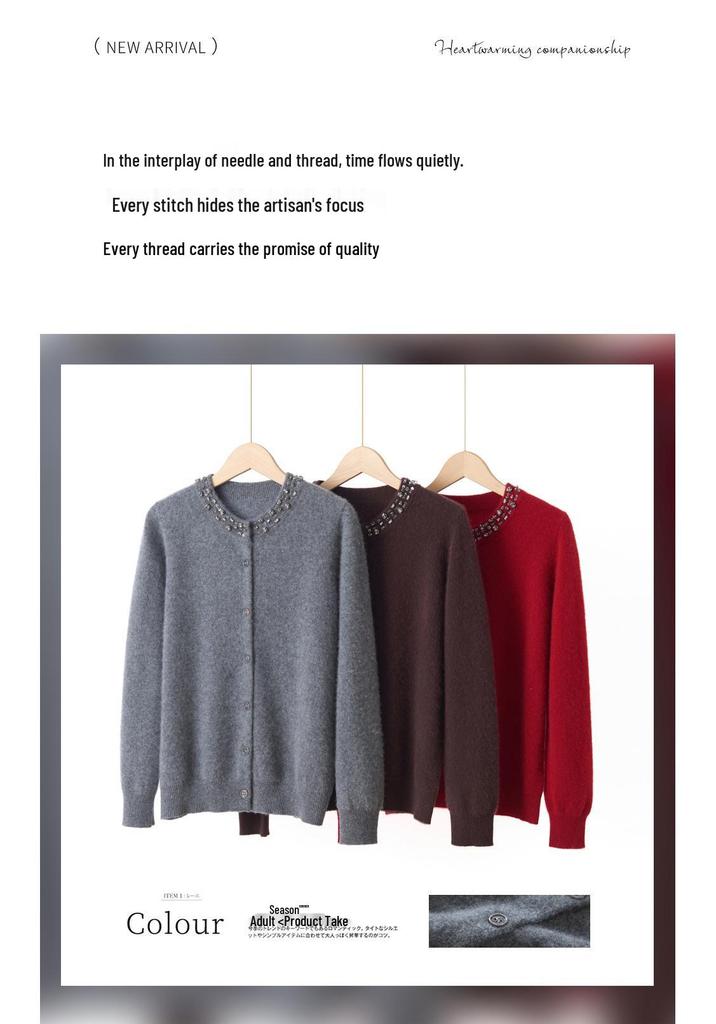 Women's Handmade Rhinestone Crew Neck Wool Cardigan - 2026 Autumn/Winter Collection