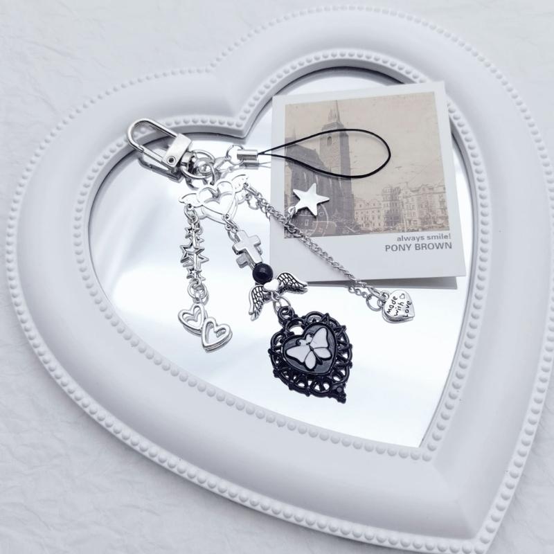 Y2K Handy-Anhänger Schlüsselanhänger für Tasche Handy Niedlicher Kreuz Herz Anhänger Frauen Mädchen Riemen Lanyard Kette Schlüsselring Rucksack