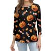 Women Casual Halloween Print Three Quarter Sleeve Round Neck Top Lightweight Comfortable Fit Fashionable Shirt for Everyday Wear