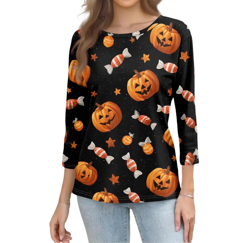 Women Casual Halloween Print Three Quarter Sleeve Round Neck Top Lightweight Comfortable Fit Fashionable Shirt for Everyday Wear