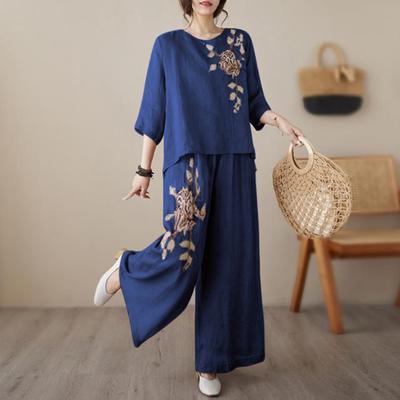 Women's 2 Piece Outfits 3/4 Sleeve Vintage Embroidered Shirts Wide Leg Pants Set Summer Cotton Linen Casual Matching Set